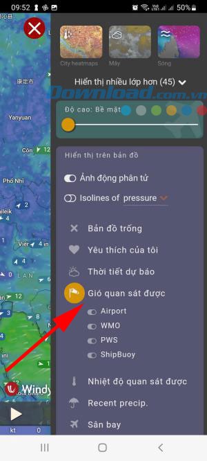 Theo dõi gió trong app Windy