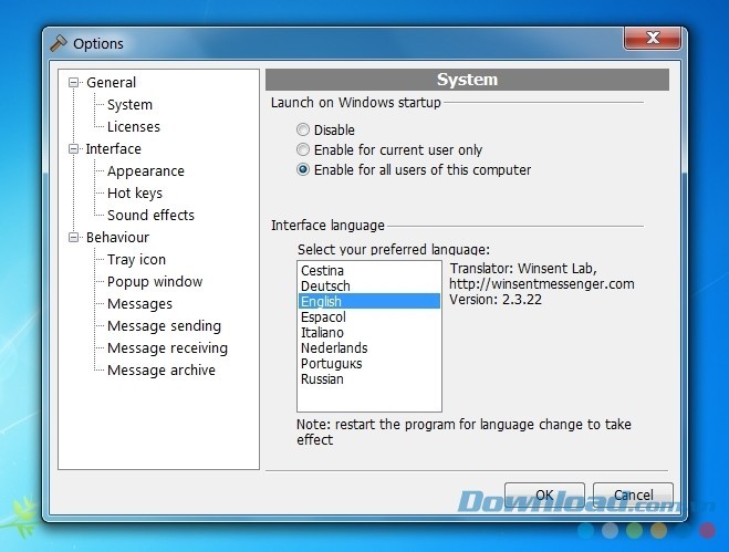 Các tùy chọn thiết lập của Winsent