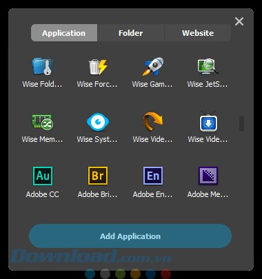 Danh sách ứng dụng, thư mục và trang web trong Wise Hotkey Beta