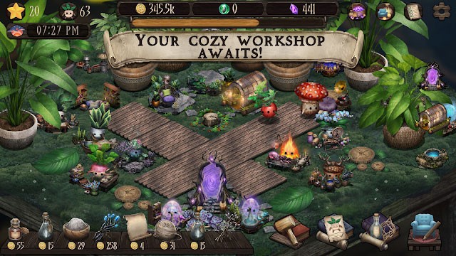 Một xưởng phép thuật ấm cúng đang chờ đợi bạn trong game Witchy Workshop : Cozy Idle