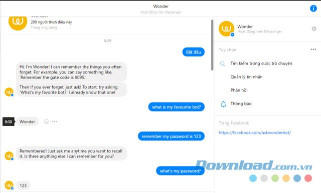 Giao diện chính của ứng dụng chat với bot ghi nhớ thông tin Wonder