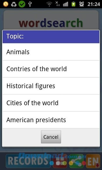 Word Search gồm nhiều chủ đề khác nhau