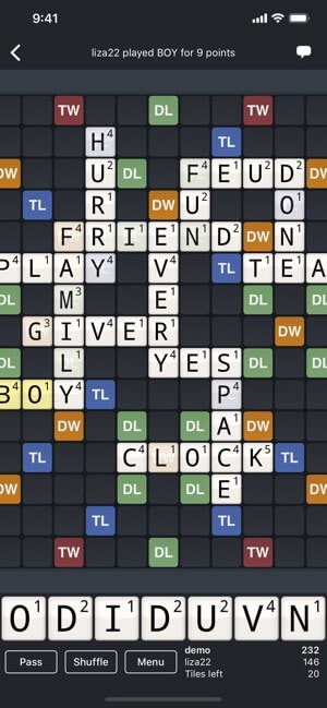 Bảng ô chữ Một bảng ô chữ trong Wordfeud cho iOS