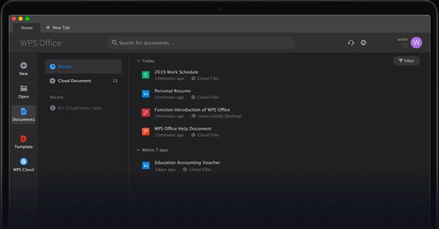 Giao diện chính của bộ ứng dụng văn phòng WPS Office cho Mac