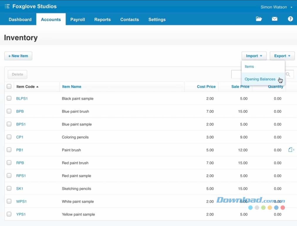 Giao diện danh sách hàng tồn kho trong Xero