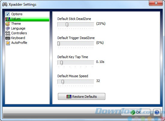Giao diện thiết lập của Xpadder