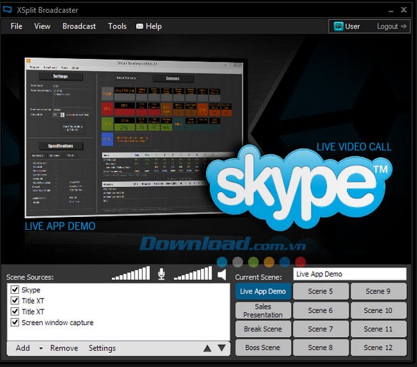 Giao diện chính của XSplit Broadcaster