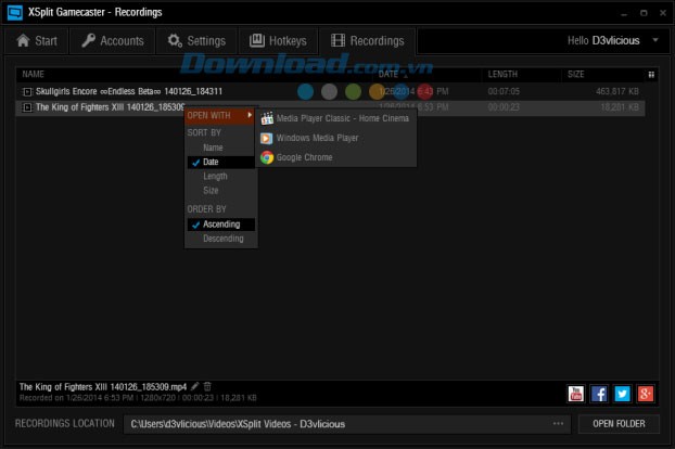 Mục Recordings mang đến danh sách những video bạn đã quay với XSplit Gamecaster
