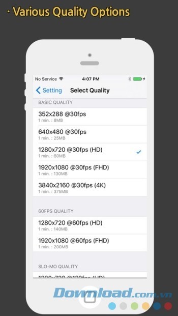 Dễ dàng chọn chất lượng ảnh và video trong Yamera
