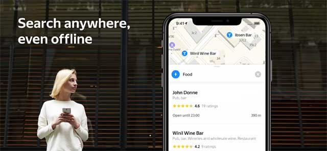 Yandex.Maps cho phép người dùng tìm kiếm địa điểm ngay cả khi offline