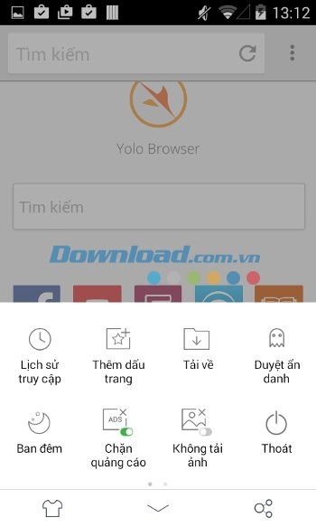 Các tùy chọn của trình duyệt web Yolo Browser Mini cho Android