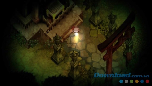 Sử dụng đèn pin trong không gian u ám của game sinh tồn kinh dị Yomawari: Night Alone cho máy tính