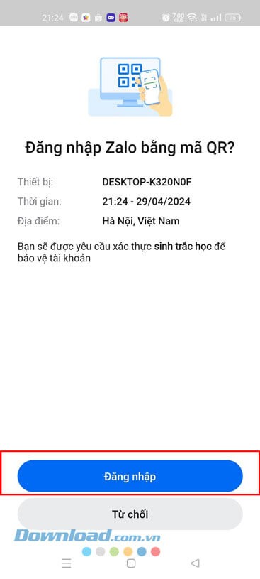 Chạm vào nút Đăng nhập