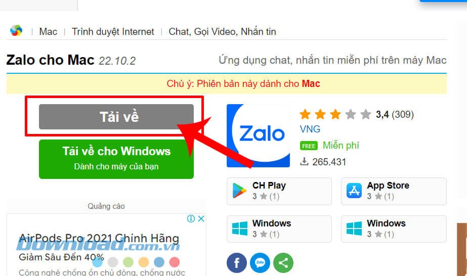 Click chuột vào nút Tải về