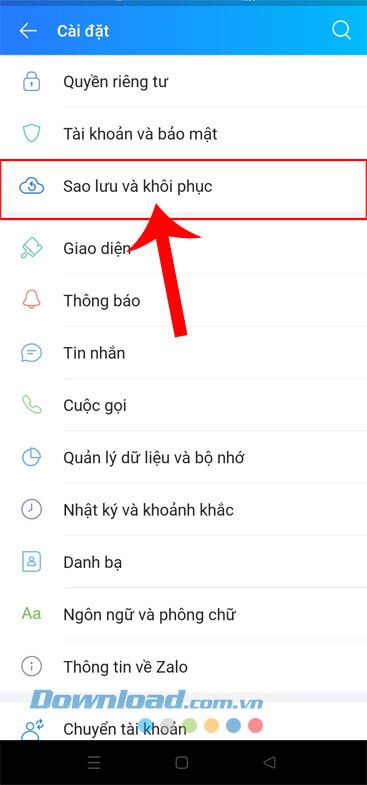 Nhấn vào mục Sao lưu và khôi phục