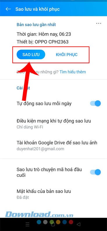 Ấn vào nút Sao lưu hoặc nút Khôi phục