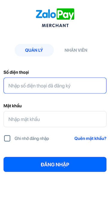 Giao diện đăng nhập ZaloPay Merchant