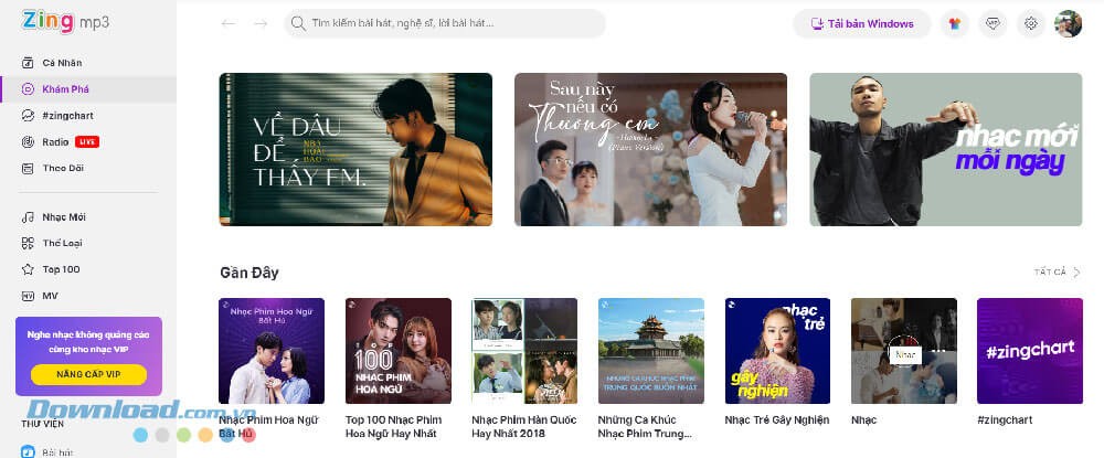 Giao diện chính của dịch vụ nghe nhạc Zing MP3