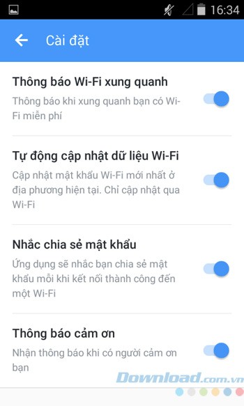 Mục cài đặt của ứng dụng ZiPi