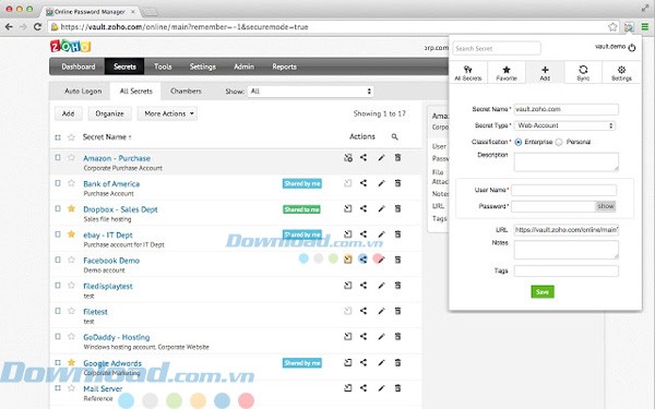Giao diện của Zoho Vault
