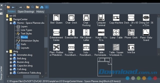 Khu vực trung tâm của ZWCAD 2018 SP1
