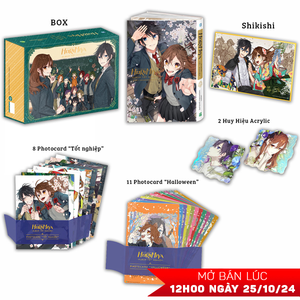 artbook horimiya - album tốt nghiệp - bìa cứng - bản boxset sưu tầm - tặng kèm 1 box nam châm + 1 shikishi có chữ kí 2 tác giả + 2 huy hiệu acrylic + 11 photocard “halloween” + 8 photocard “tốt nghiệp”