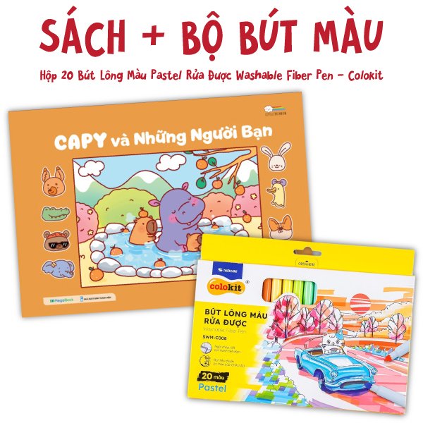 combo sách tô màu capy và những người bạn + hộp 20 bút lông màu pastel rửa được washable fiber pen - colokit swm-c008