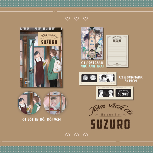 suzuro old books - tiệm sách cũ suzuro - tặng kèm bookmark hai mặt + postcard nhũ ánh trai + lót ly bồi đôi