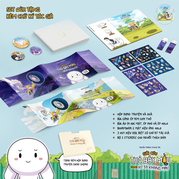 Truyện Tranh Tương Tác - Giải Cứu Thỏ Bảy Màu Trong Xứ Sở Không Màu - Bản Sưu Tầm - Bìa Cứng - Tặng Kèm 1 Hộp Đựng Có Chữ Ký Của Tác Giả + 1 Bookmark + 1 Bìa Áo Ngoài 2 Mặt + 1 Standee Giấy + 3 Sticker Holo + 2 Sticker Nhựa + 3 Huy Hiệu Có Chữ Ký Tác Giả