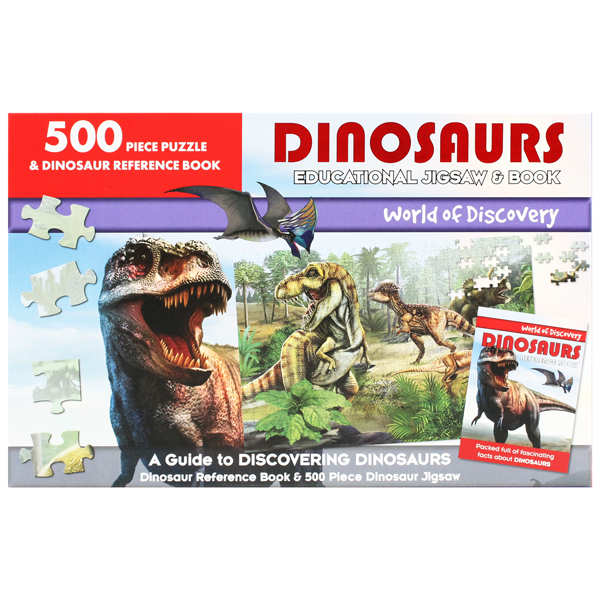 world of discovery - 500 piece puzzle & dinosaur reference book: dinosaurs educational jigsaw & book